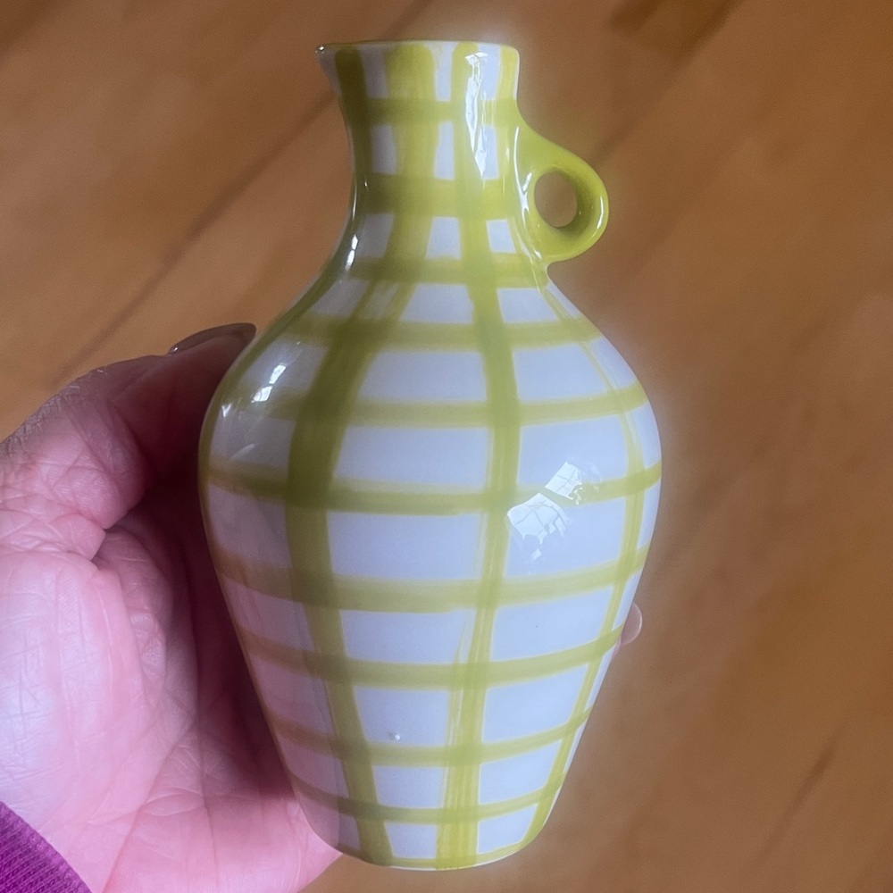 Lime and White hand painted Checkered Bud Vase